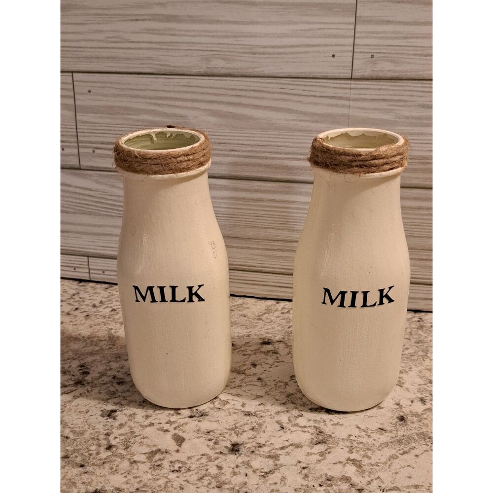 Set of 2 Distressed Milk Bottle Decor-Farmhouse Cottagecore Vases Vintage Look